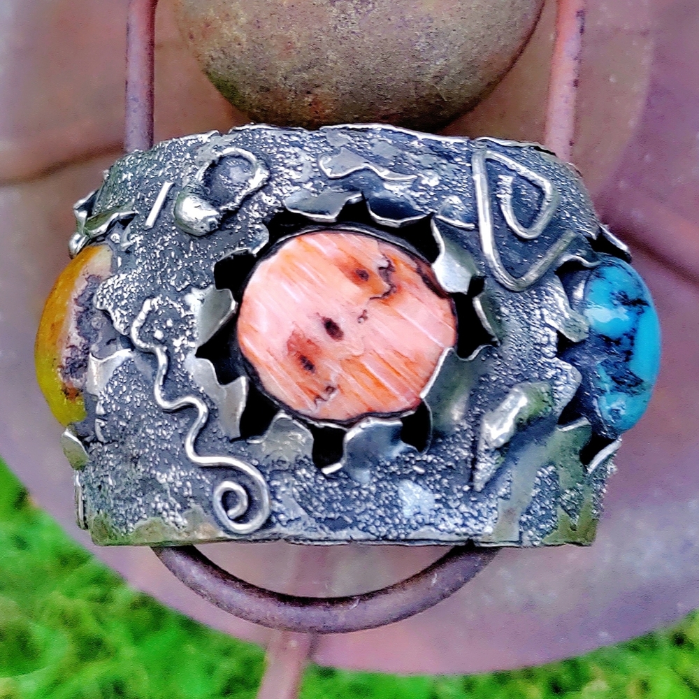 Vintage Navajo Francisco Gomez Sterling Silver, Coral, Turquoise Cuff Bracelet